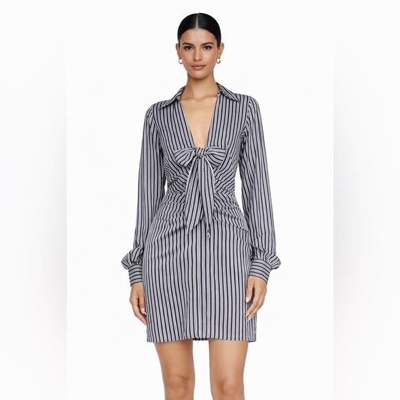 Michael Kors Striped Tie-Neck Long Sleeve Mini Dress Black Blue‎ Size 4